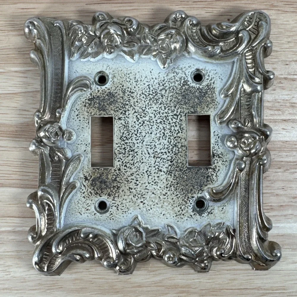 Vintage Silver Tone Cast Metal Double Switch Plate Cover Victorian Rose